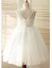 Ivory Lace Tulle V Neck Knee Length Flower Girl Dress